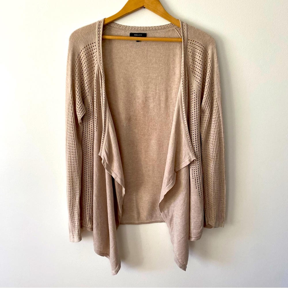 RW&CO grey beige long open front waterfall cardigan size medium womens